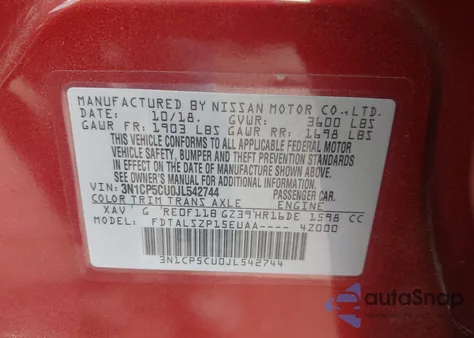 2018 Nissan Kicks Sv z USA, uszkodzony, nr VIN 3N1CP5CU0JL542744